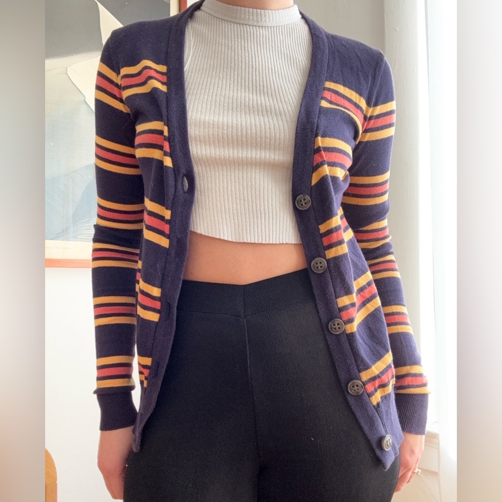 BDG Striped Cardigan in Navy/Orange/Yellow